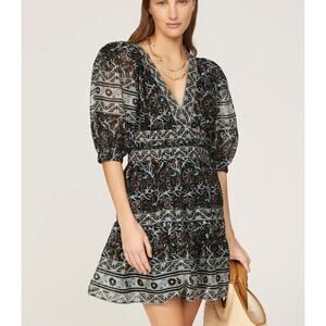 SEA NEW York Black Floral Puff Sleeve Mini Dress XS Designer Ruffle Cottage $375